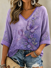 Women's Purple Floral & Butterfly Print Alzheimer's Awareness Support V-Neck Tee