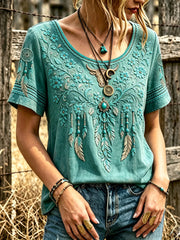 Women's Vintage Western Turquoise Floral Art Print Linen Short-sleeved T-shirt