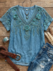 Women's Vintage Western Floral Art Print Linen Short-sleeved T-shirt