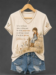 Women's Casual V-Neck Top with "Faith" Print