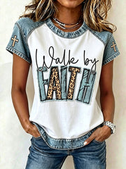 Women's Faith Slogan Leopard Print Pattern Printed Leisure Round Neck T-shirt