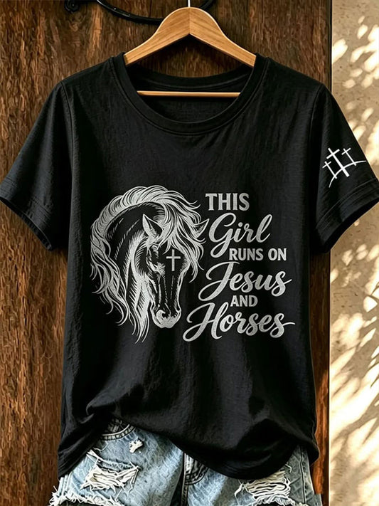 Women's This Girl Runs On Jesus And Horses Short-sleeved T-shirt