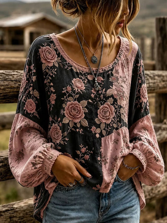Women's Western Floral Cotton Linen Shirt