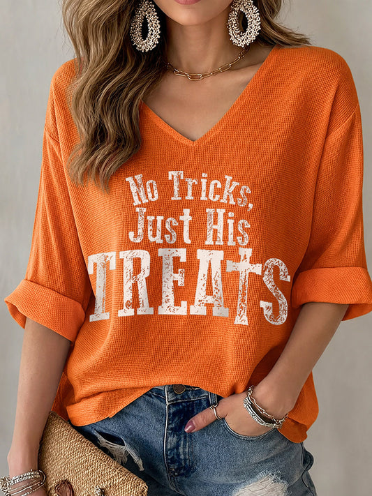 Women's No Tricks Just His Treats Print Waffle T-shirt