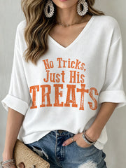 Women's No Tricks Just His Treats Print Waffle T-shirt