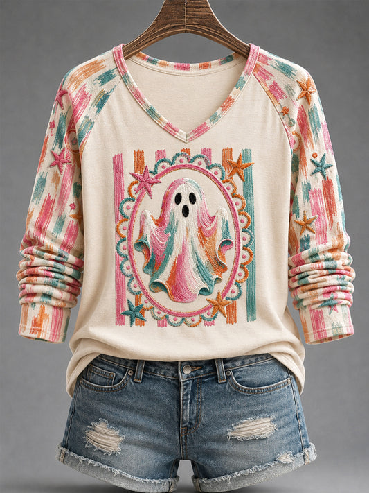 Women's Cozy Season Bright Ghost Print Casual Long-Sleeve T-Shirt
