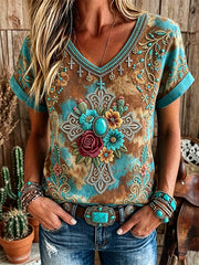 Women's Vintage Western Floral Turquoise Cross Print Short-sleeved T-shirt