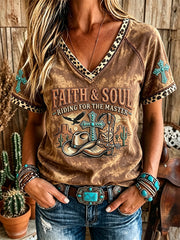 Women's Western Faith & Soul Leopard Print V-neck Short-sleeved T-shirt