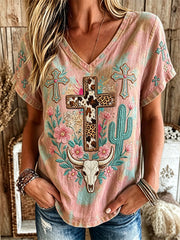 Women's retro western style faith slogan pattern printed casual linen short-sleeved T-shirt