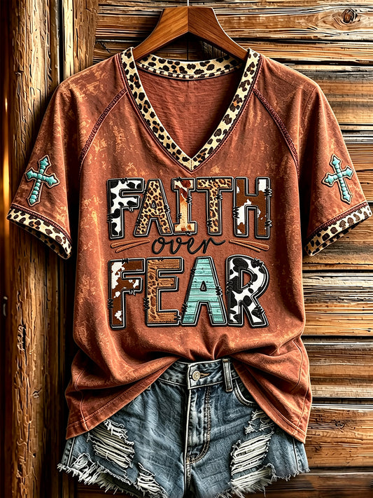 Women's Western Faith Over Fear Leopard Print V-neck Short-sleeved T-shirt