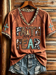 Women's Western Faith Over Fear Leopard Print V-neck Short-sleeved T-shirt