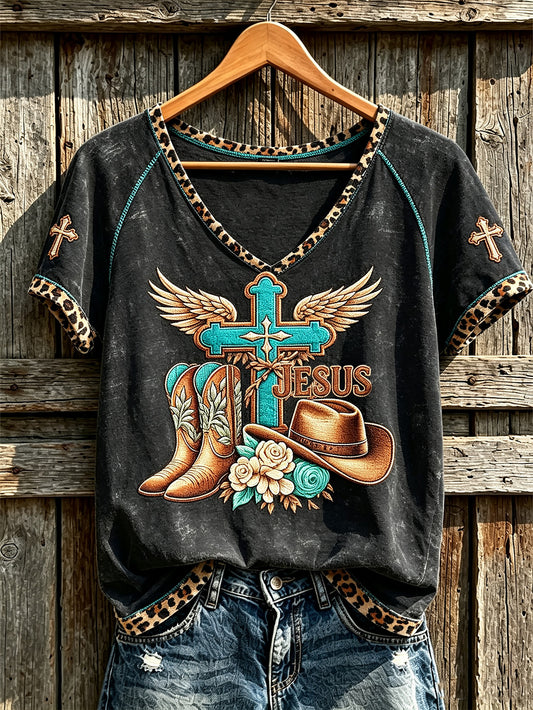 Women's retro western style faith slogan pattern printed casual short-sleeve T-shirt