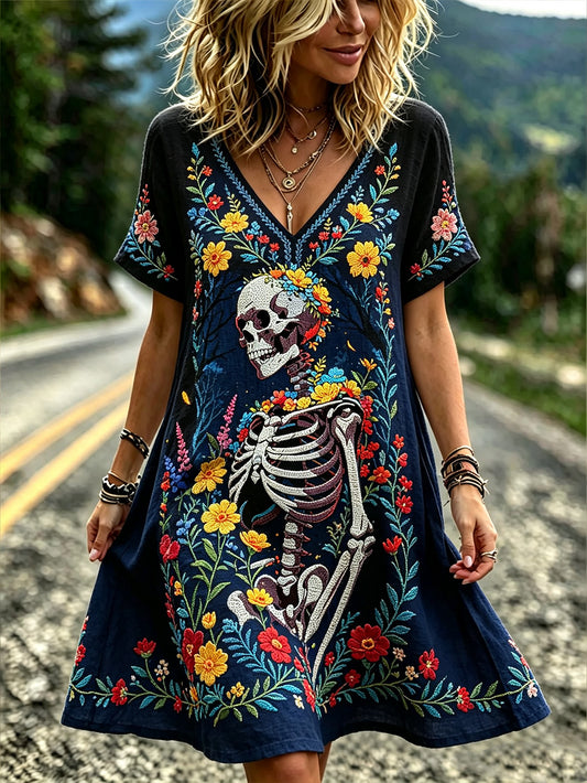 Women's Retro Day Of The Dead Plant And Flower Pattern Printed Casual V-neck Dress