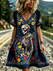 Women's Retro Day Of The Dead Plant And Flower Pattern Printed Casual V-neck Dress