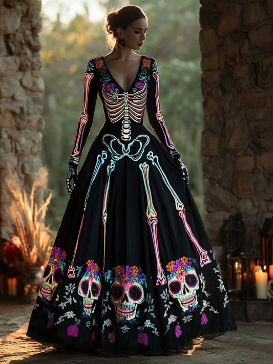 Women's Day of the Dead Skeleton Skull V Neck Maxi Dress