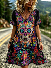 Women's Retro Day Of The Dead Plant And Flower Pattern Printed Casual V-neck dress