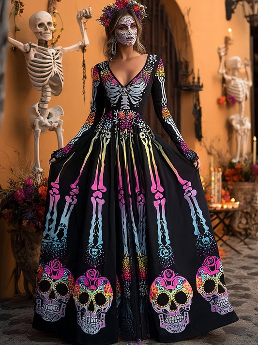 Women's Day of the Dead Skeleton Skull V Neck Maxi Dress