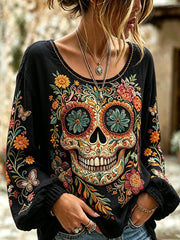 Women's Retro Day Of The Dead Plant And Flower Pattern Printed Casual Cotton-Linen Shirt