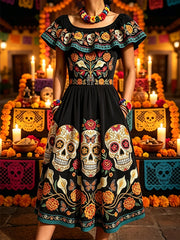 Women's Day of the Dead Mexican Floral Sugar Skulls Print Ruffle Maxi Dress