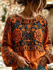 Women's Day of the Dead Sugar Skull Mexican Marigolds Floral Print Cotton-Linen Shirt