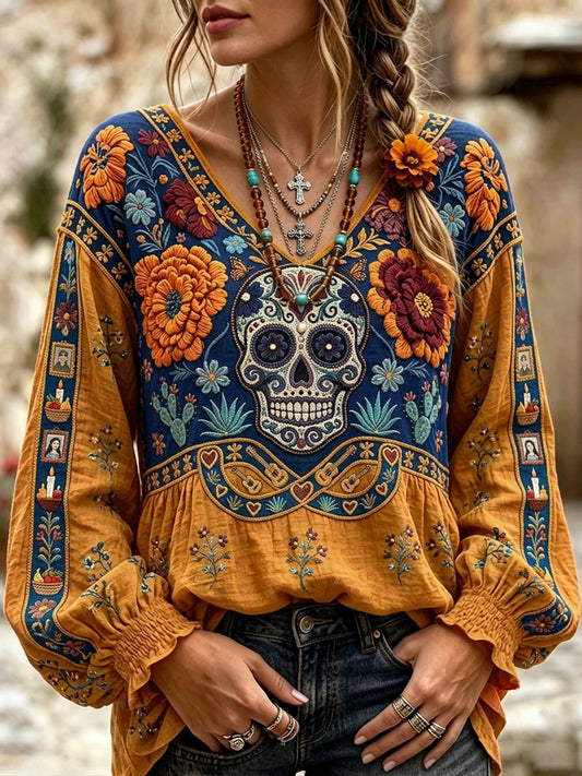 Women's Day of the Dead Sugar Skulls Faloral Print Cotton-Linen Shirt