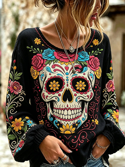 Women's Retro Day Of The Dead Plant And Flower Pattern Printed Casual Cotton-Linen Shirt