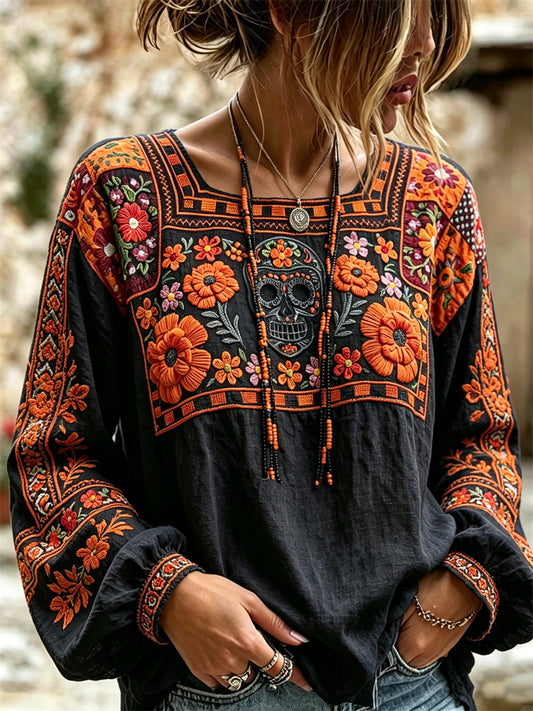 Women's Day of the Dead Sugar Skull Mexican Marigolds Floral Print Cotton-Linen Shirt