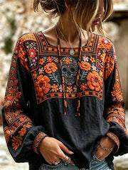 Women's Day of the Dead Sugar Skull Mexican Marigolds Floral Print Cotton-Linen Shirt