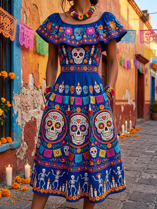 Women's Day of the Dead Mexican Floral Sugar Skulls Print Ruffle Maxi Dress