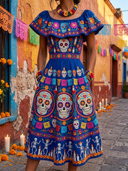Women's Day of the Dead Mexican Floral Sugar Skulls Print Ruffle Maxi Dress