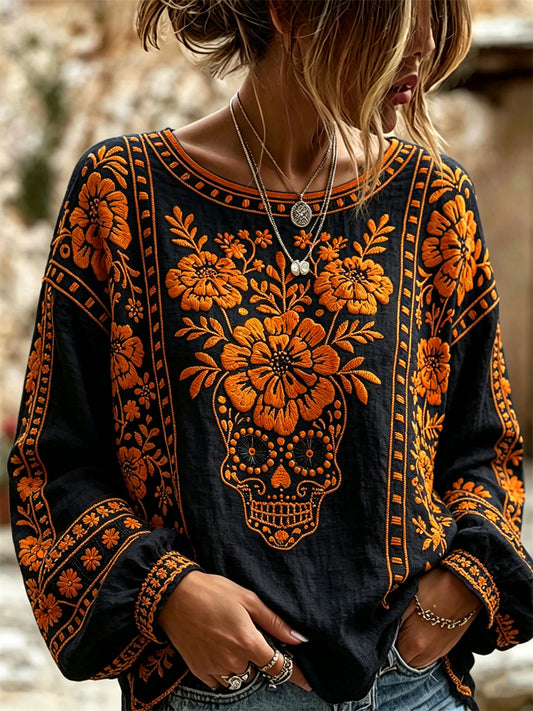 Women's Day of the Dead Sugar Skull Mexican Marigolds Floral Print Cotton-Linen Shirt