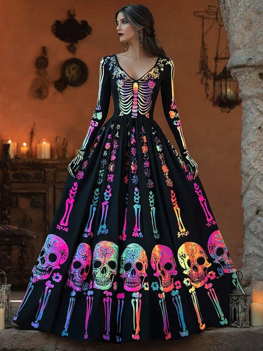 Women's Day of the Dead Skeleton Skull V Neck Maxi Dress