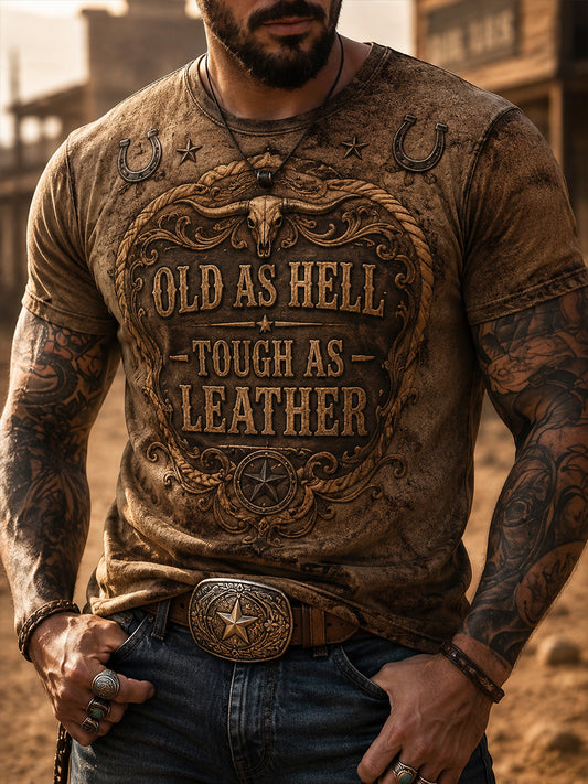 Men's Retro Western Cowboy Skull Graphic Distressed T-Shirt