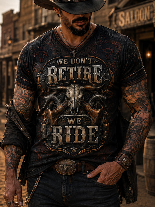 Men's Retro Western Cowboy Skull Graphic Distressed T-Shirt
