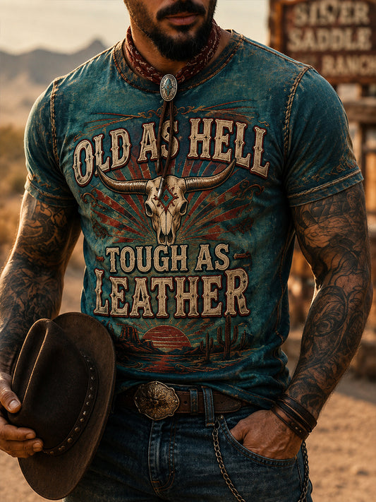 Men's Retro Western Cowboy Skull Graphic Distressed T-Shirt