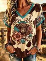 Women's retro western style animal print casual linen short-sleeve T-shirt