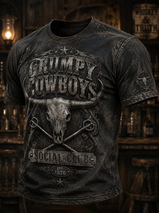 Men's Retro Western Cowboy Skull Graphic Distressed T-Shirt