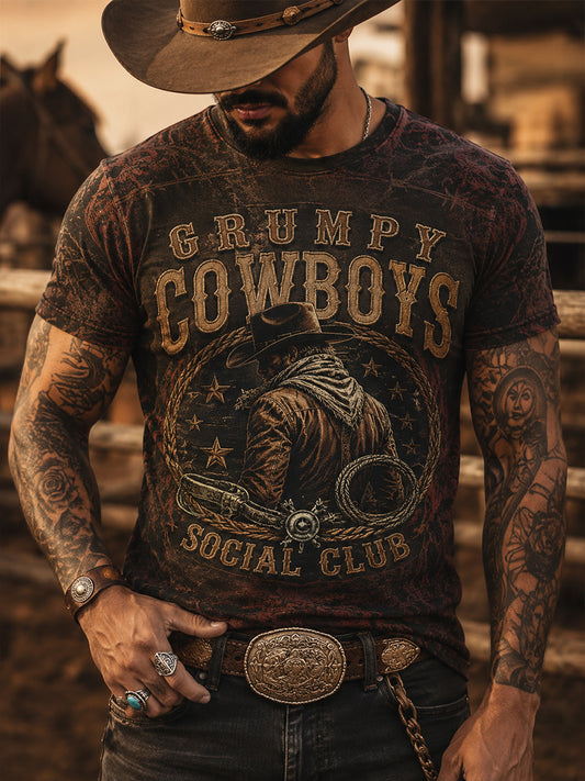 Men's Retro Western Cowboy Skull Graphic Distressed T-Shirt