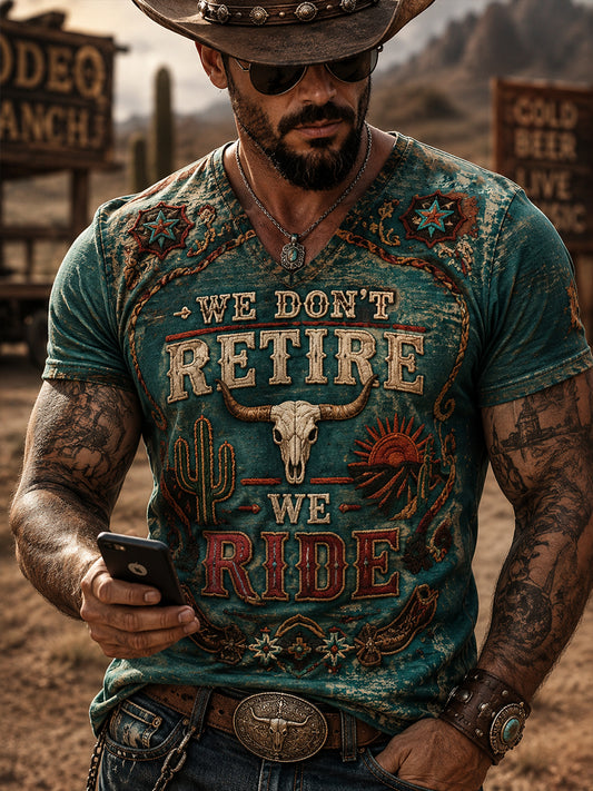 Men's Retro Western Cowboy Skull Graphic Distressed T-Shirt