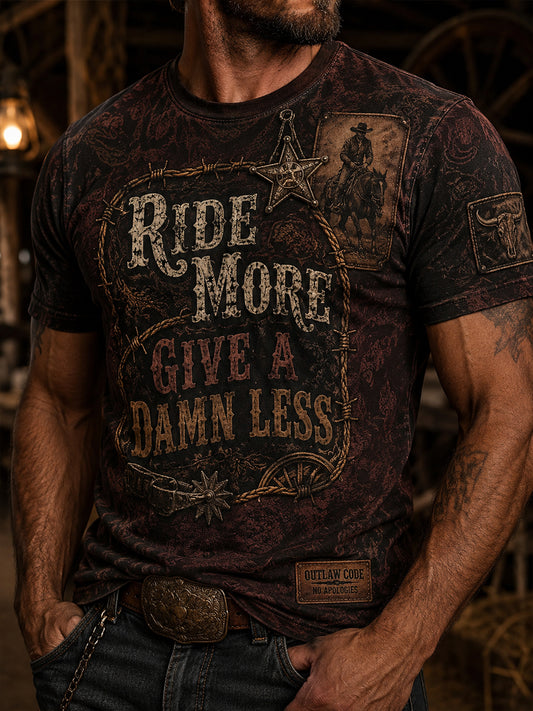 Men's Retro Western Cowboy Skull Graphic Distressed T-Shirt