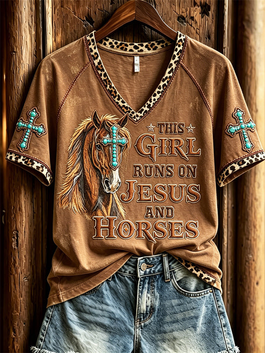 Women's This Girl Runs on Jesus and Horses Turquoise Cross Print short-sleeved T-shirt