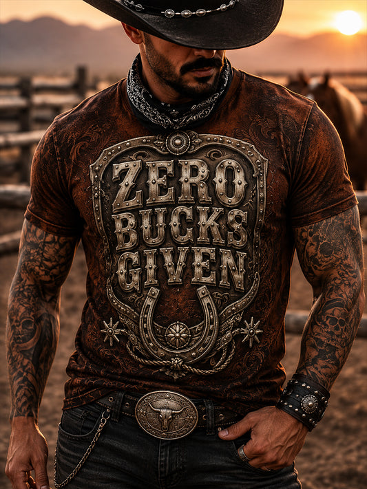 Men's Retro Western Cowboy Skull Graphic Distressed T-Shirt