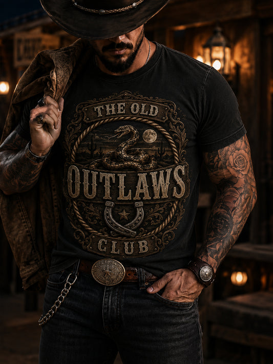 Men's Retro Western Cowboy Skull Graphic Distressed T-Shirt