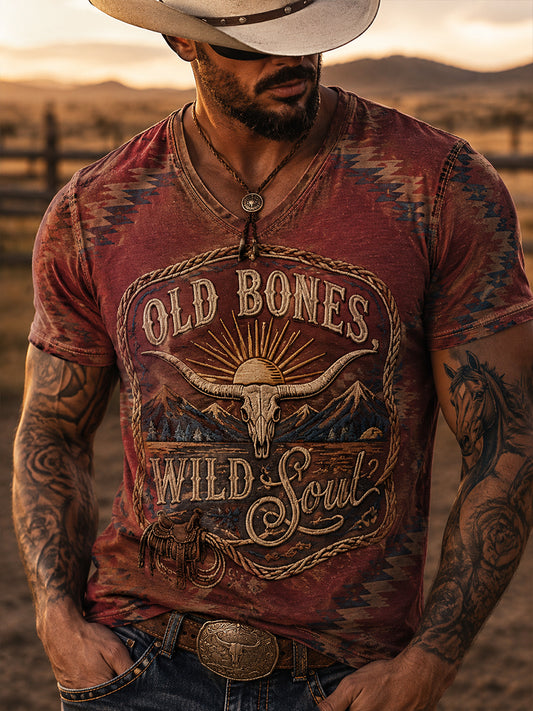Men's Retro Western Cowboy Skull Graphic Distressed T-Shirt