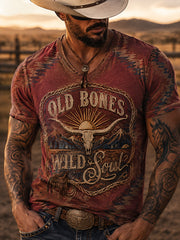 Men's Retro Western Cowboy Skull Graphic Distressed T-Shirt