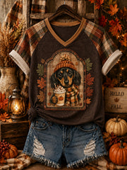 Women's Fall Dog Printed V-neck Off-shoulder T-shirt