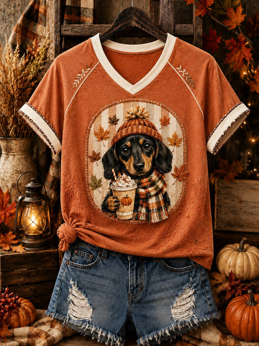 Women's Fall Dog Printed V-neck Off-shoulder T-shirt