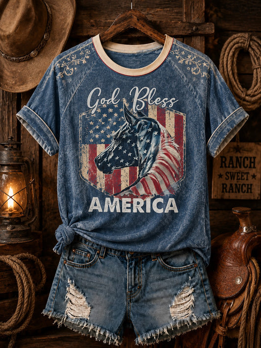 Women's God Bless America Horse Printed Off-shoulder T-shirt