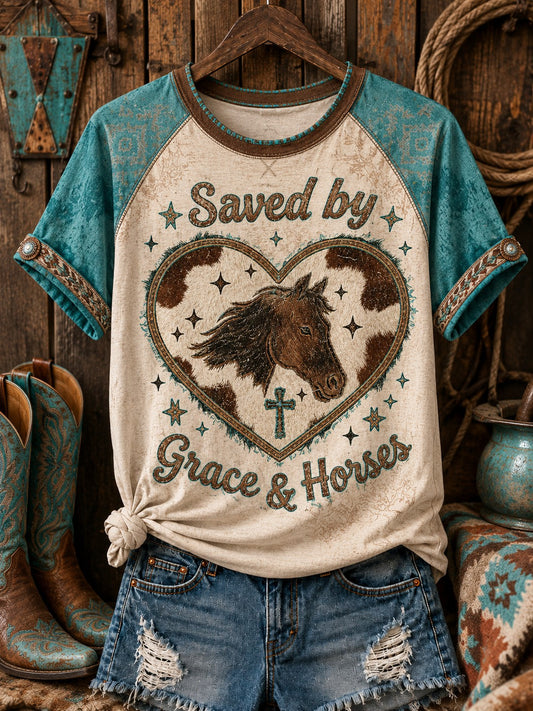 Women's Saved by Grace and Horses Western Faith Cowhide Heart Cross Printed Off-shoulder T-shirt