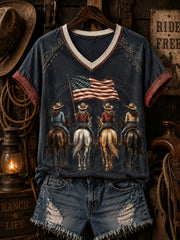 Women's Horse Riding Printed V-neck Off-shoulder T-shirt